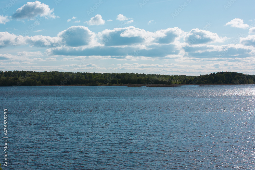 The opposite bank of a wide river with dense forest. Blue sky with clouds over the river. 