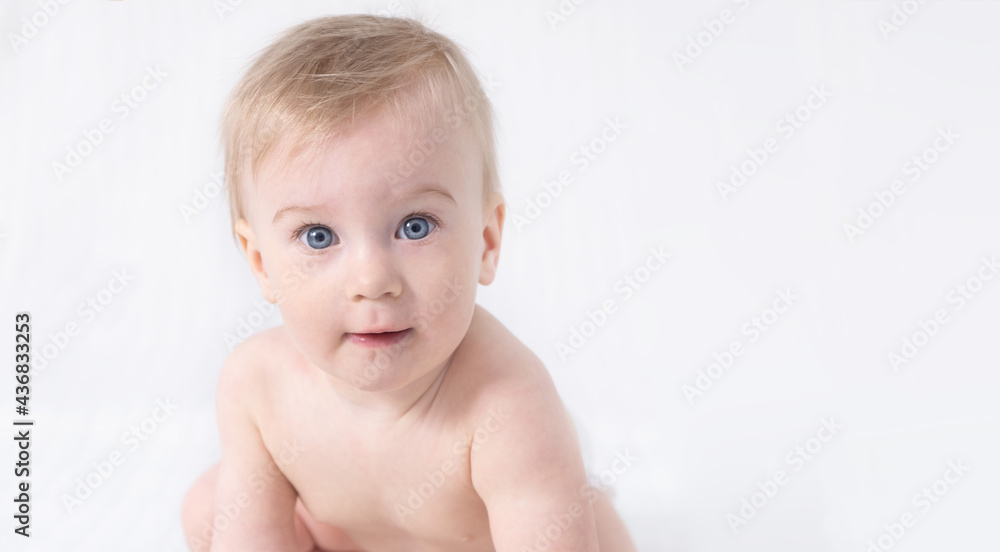 © Ольга Смолина - Close-up cute little adorable funny amazed caucasian blond topless baby girl or boy on white,light grey background,looking at camera.Healthy skin.Baby care,happy childhood concept.Copy space for text © Ольга Смолина - Close-up cute little adorable funny amazed caucasian blond topless baby girl or boy on white,light grey background,looking at camera.Healthy skin.Baby care,happy childhood concept.Copy space for text
