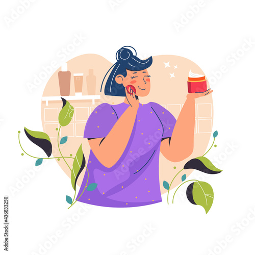 Cute young woman cleaning or moisturizing her skin. Everyday personal care, skin care, hygienic procedure. Teenager skin, allergy, acne, pimples, blackheads. Flat cartoon colorful vector illustration