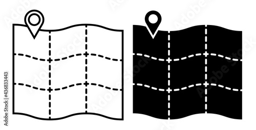 map with checkpoint mark. Navigation on paper map using GPS system. Simple black and white vector