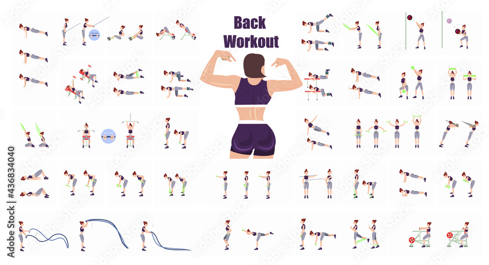 Girl fitness workout. Fat burning workout. Full body exercises. Back  exercises. Training with inventory. Toned body. Woman's back before and  after weight loss. Vector illustration. Stock Vector | Adobe Stock