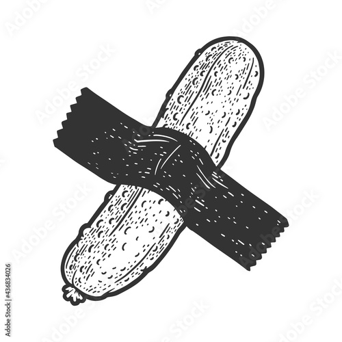cucumber taped to wall by adhesive tape modern art line art sketch engraving vector illustration. T-shirt apparel print design. Scratch board imitation. Black and white hand drawn image.