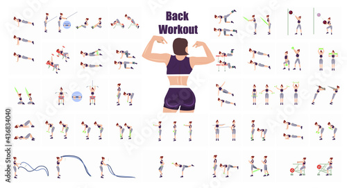 Girl fitness workout.  Fat burning workout. Full body exercises. Back exercises. Training with inventory. Toned body. Woman's back before and after weight loss. Vector illustration.