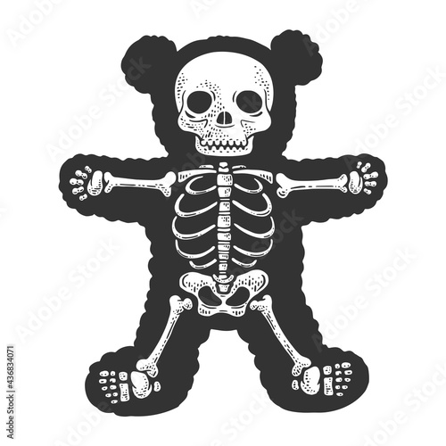 teddy bear skeleton line art sketch engraving vector illustration. T-shirt apparel print design. Scratch board imitation. Black and white hand drawn image.