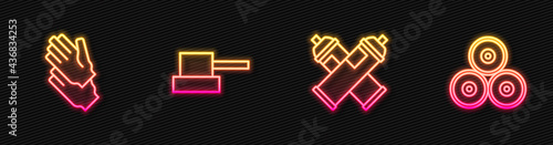 Set line Paint spray can, Rubber gloves, Spray nozzle cap and . Glowing neon icon. Vector