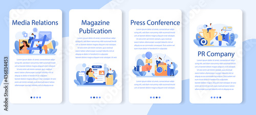 Media relations mobile application banner set. Producing the news