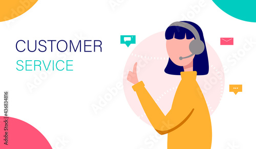 Customer service landing page. Call center assistant. Female operator advising clients. Perfect for support, call center, assistance. Vector illustration.
