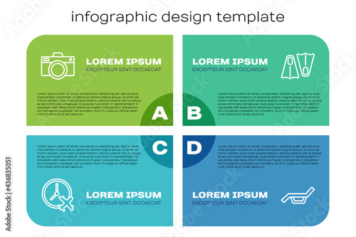 Set line Clock with airplane, Photo camera, Sunbed and umbrella and Rubber flippers for swimming. Business infographic template. Vector