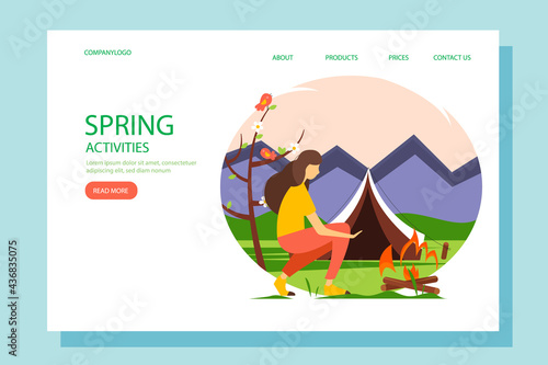 Woman warming her hands by the fire. Landing page template. The concept of an active lifestyle, outdoor recreation, tourism. Spring illustration in flat style.