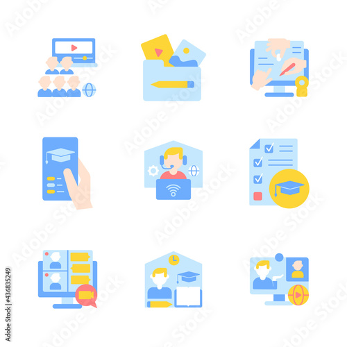 Remote classes vector flat color icon set. Elearning course. Online education. College lessons remotely. Cartoon style clip art for mobile app pack. Isolated RGB illustration bundle