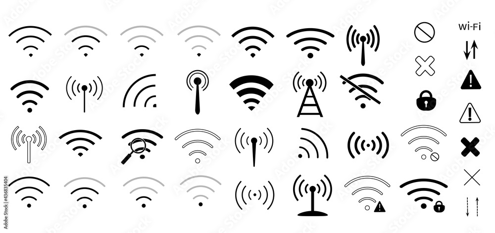 Obraz premium Wi-Fi network. Set of vector icons. Wireless Internet. Signs collection isolated on white background. Communication concept. Modern technologies