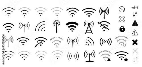 Wi-Fi network. Set of vector icons. Wireless Internet. Signs collection isolated on white background. Communication concept. Modern technologies