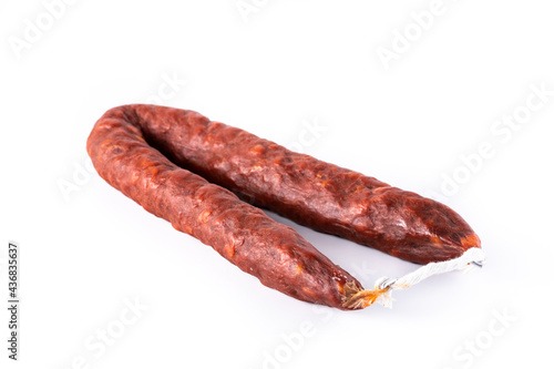 Spanish chorizo sausage isolated on white background 
