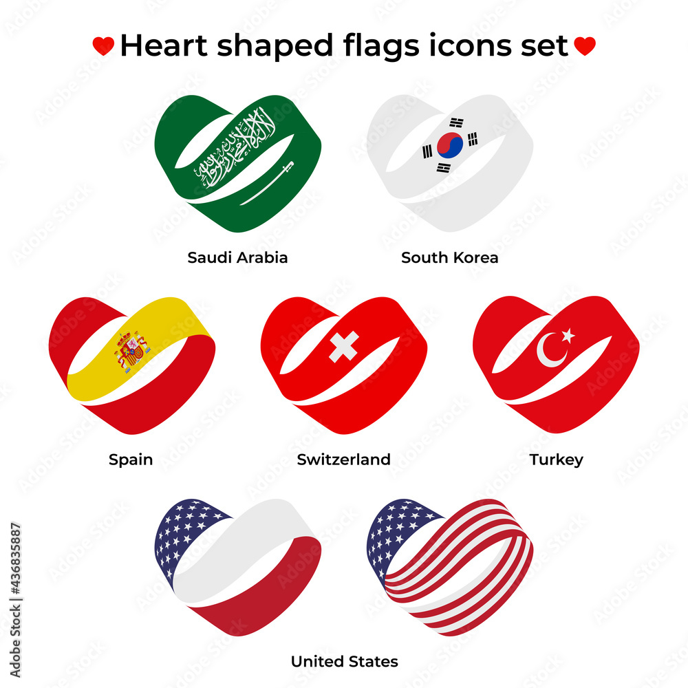 Heart shaped flags icons set. Icon flag from Ribbon curls. Vector icon, symbol, button. Illustration in flat style