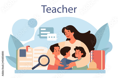 Teacher concept. Profesor standing in front of the blackboard.