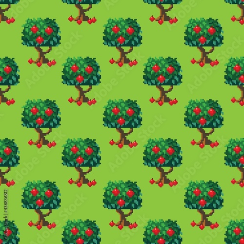 Apple tree pattern pixel art. Seamless pattern. Pixel art tree pattern. 