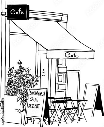 Street Cafe restaurant in old town Front shop with table and seat Hand drawn vector illustration