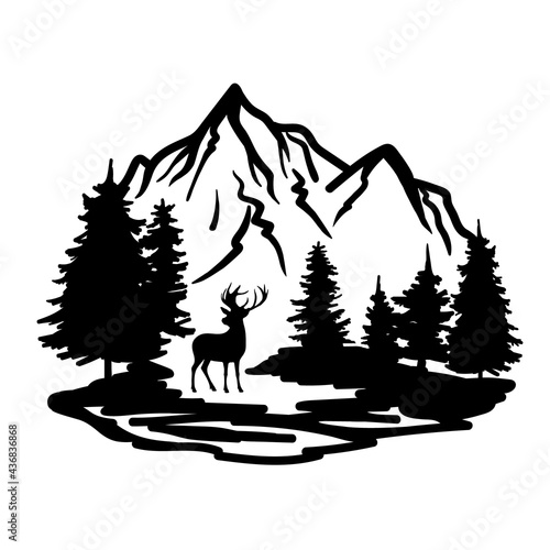 Deer with wild nature landscape hand drawn vector illustration. The silhouette of pines and mountains.