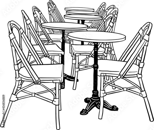 Table and chairs Restaurant shop city street Cafe culture Hand drawn vector illustration