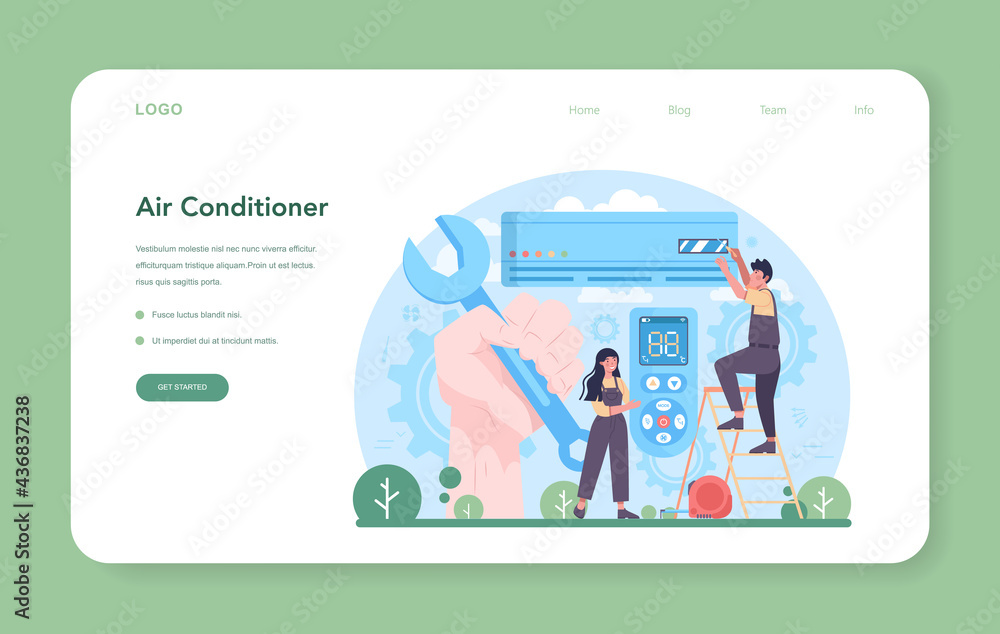 Air conditioning service web banner or landing page. Repairman installing Air conditioning service web banner or landing page. Repairman installing