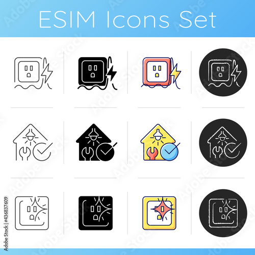 Electrician service icons set. Brief overvoltage spikes. Short circuit. Electrical safety inspection. Power surge. Crackling sounds. Linear, black and RGB color styles. Isolated vector illustrations