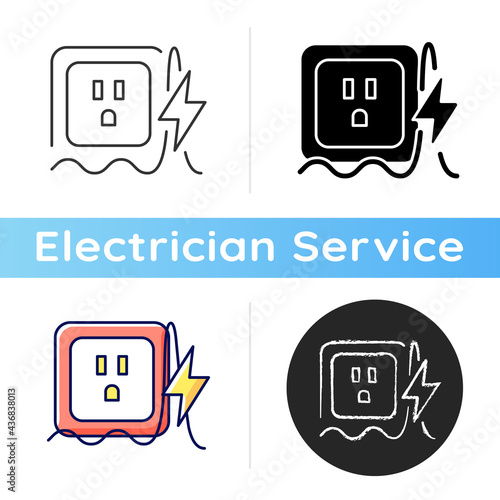 Power surge icon. Brief overvoltage spikes. Unexpected electricity flow interruption. Equipment damage. Electrical fire risk. Linear black and RGB color styles. Isolated vector illustrations