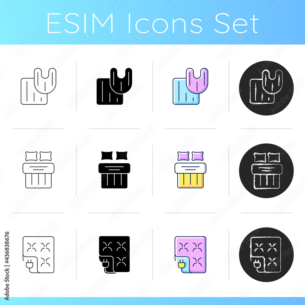 Household textile products icons set. Bathroom rag, toilet carpet. Double bed sheets. Electric blanket. Domestic material items. Linear, black and RGB color styles. Isolated vector illustrations Household textile products icons set. Bathroom rag, toilet carpet. Double bed sheets. Electric blanket. Domestic material items. Linear, black and RGB color styles. Isolated vector illustrations