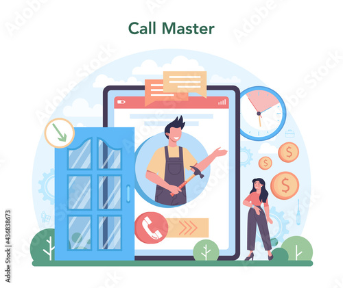 Installer online service or platform. Worker in uniform installing window