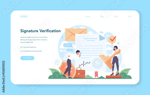 Notary service web banner or landing page. Professional lawyer signing