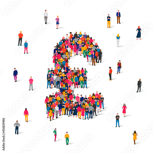 A large group of people are standing in the shape of the British pound. English currency concept. Crowd.