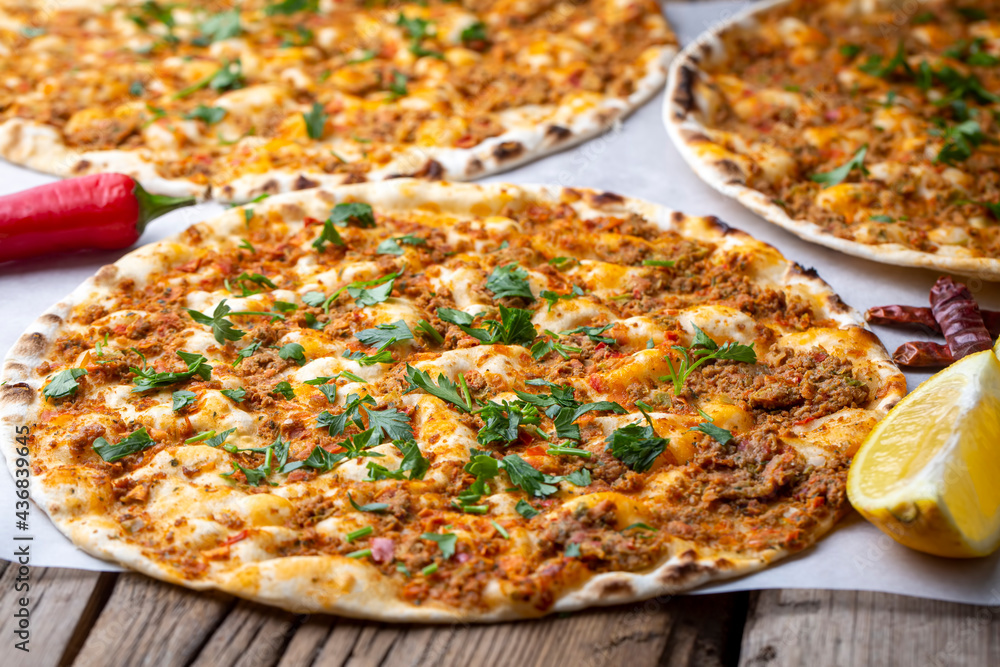 Traditional delicious Turkish foods; Turkish pizza (Turkish name; Lahmacun) Traditional delicious Turkish foods; Turkish pizza (Turkish name; Lahmacun)