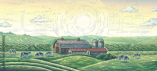 Rural landscape with a farm and with herd cows, drawn in engraving style.