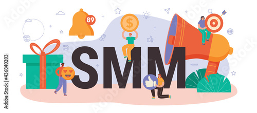 SMM typographic header. Social media marketing, advertising