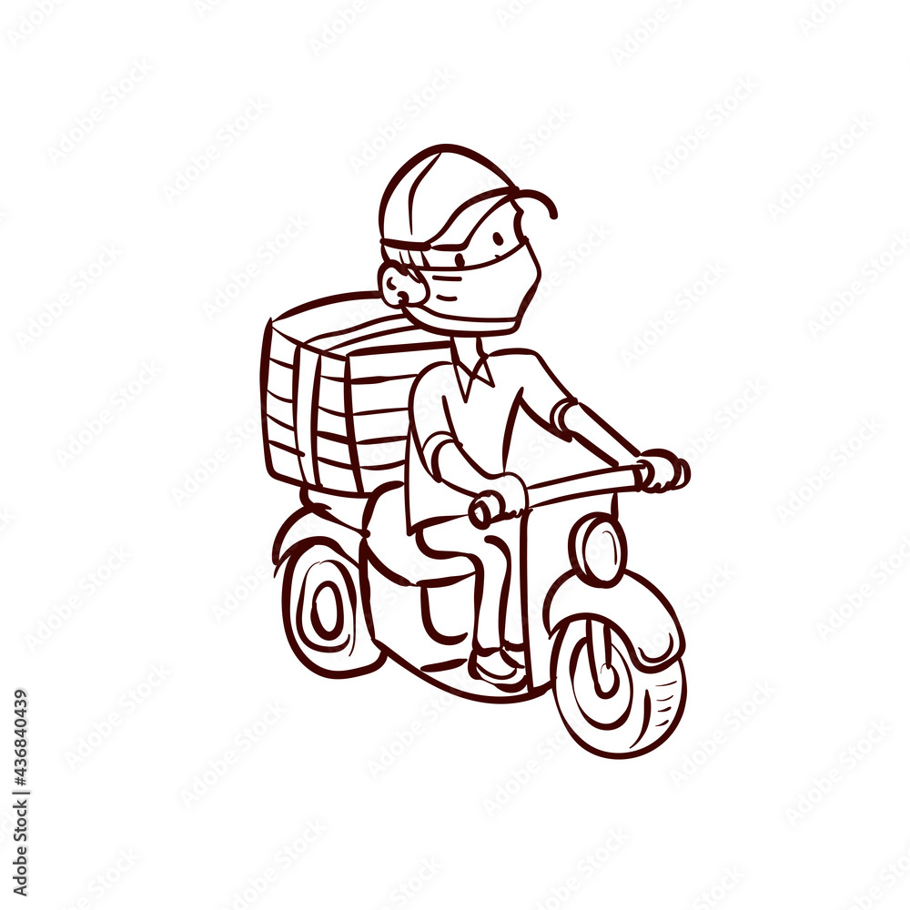 A young guy with pizza boxes rides a scooter.Courier. Deliveryman. Work for a teenager. Teenager work on vacation. Hand drawn cartoon vector. A young guy with pizza boxes rides a scooter.Courier. Deliveryman. Work for a teenager. Teenager work on vacation. Hand drawn cartoon vector.