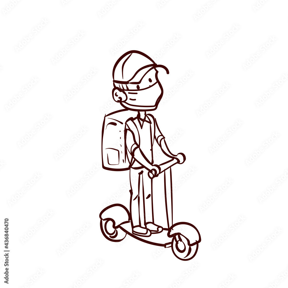 A young guy with a backpack rides a scooter. Courier. Deliveryman. Work for a teenager. Teenager work on vacation. Hand drawn cartoon vector. A young guy with a backpack rides a scooter. Courier. Deliveryman. Work for a teenager. Teenager work on vacation. Hand drawn cartoon vector.