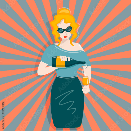 A girl with a bottle in her hands pours wine. The lady wants a drink. Spectacular woman in glasses prepares drinks. The blonde works with drinks.Pop art. Vector illustration, imitation comics style.