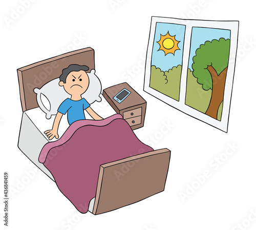 Cartoon man woke up in the morning but very angry, vector illustration