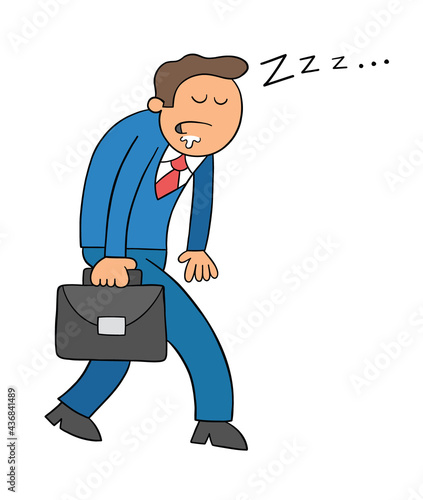 Cartoon businessman going to work and sleeping while walking, vector illustration