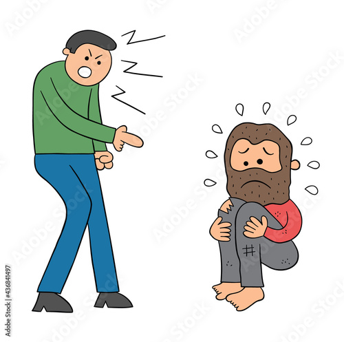 Cartoon bad man insults homeless man vector illustration