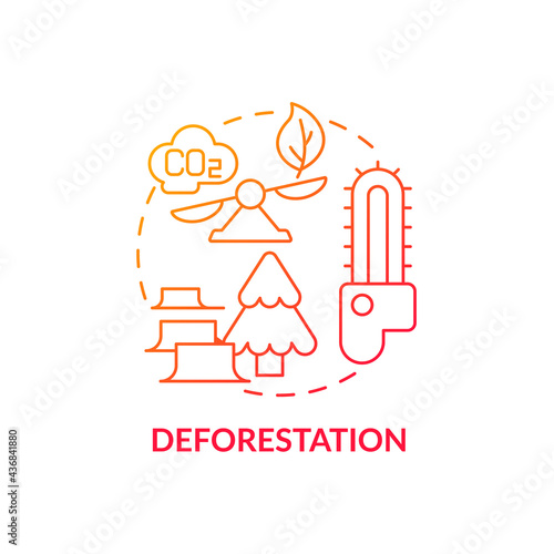 Deforestation concept icon. Human carbon emissions cause abstract idea thin line illustration. Global warming. Wildlife habitat loss. Dangerous climate change. Vector isolated outline color drawing