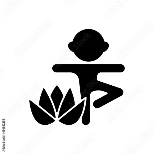 Kids yoga black glyph icon. Enhancing children mindfulness, concentration. Breathing techniques. Mental and physical wellbeing. Silhouette symbol on white space. Vector isolated illustration
