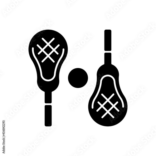 Lacrosse black glyph icon. Playing with lacrosse stick outdoor. Competitive team sport. Body workout. Passing ball between teammates. Silhouette symbol on white space. Vector isolated illustration