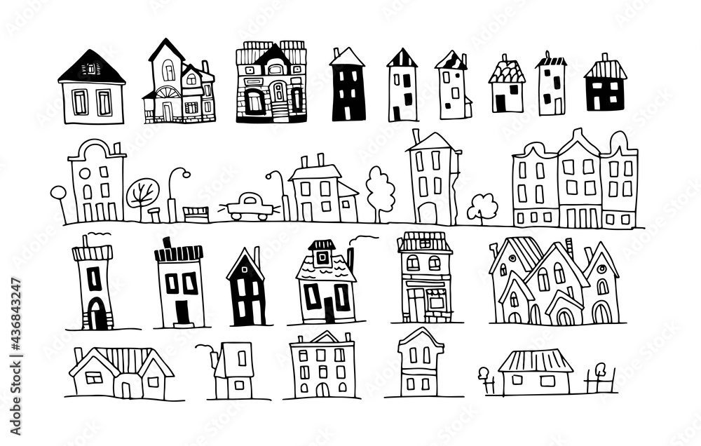 
Houses scandinavian style graphic vector illustration hand drawn doodle sketch set seamless pattern. print textile paper. Arzitecture building facades city street boho hugo vintage