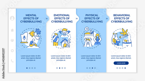 Cyberharassment consequences onboarding vector template. Responsive mobile website with icons. Web page walkthrough 4 step screens. Mental, behavioral effects color concept with linear illustrations
