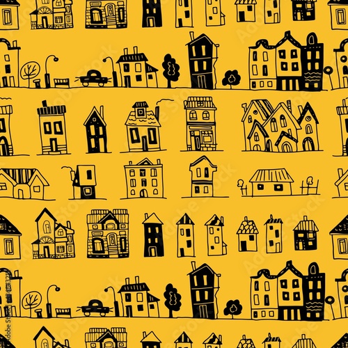  Houses scandinavian style graphic vector illustration hand drawn doodle sketch set seamless pattern. print textile paper. Arzitecture building facades city street boho hugo vintage