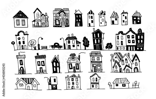  Houses scandinavian style graphic vector illustration hand drawn doodle sketch set seamless pattern. print textile paper. Arzitecture building facades city street boho hugo vintage
