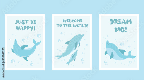 Set of birthday greeting cards design with blue dolphins. Flat set of blue dolphins on blue background. Vector illustration with cute bubbles and jumping dolphins underwater.