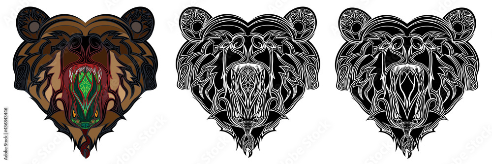 Fototapeta premium Three variants of the logo of a mythical bear head in a tattoo style. Bear logo vector template illustration graphic design. Angry bear head set. Growling bear head logo png eps