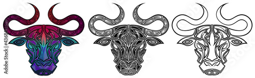 Three variants of the logo of a mythical abstract bull head. 3 options of the tattoo of Taurus. Bull logo vector template illustration graphic design. Bull head set.