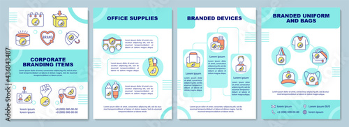 Corporate branding items brochure template. Office supplies. Flyer, booklet, leaflet print, cover design with linear icons. Vector layouts for presentation, annual reports, advertisement pages
